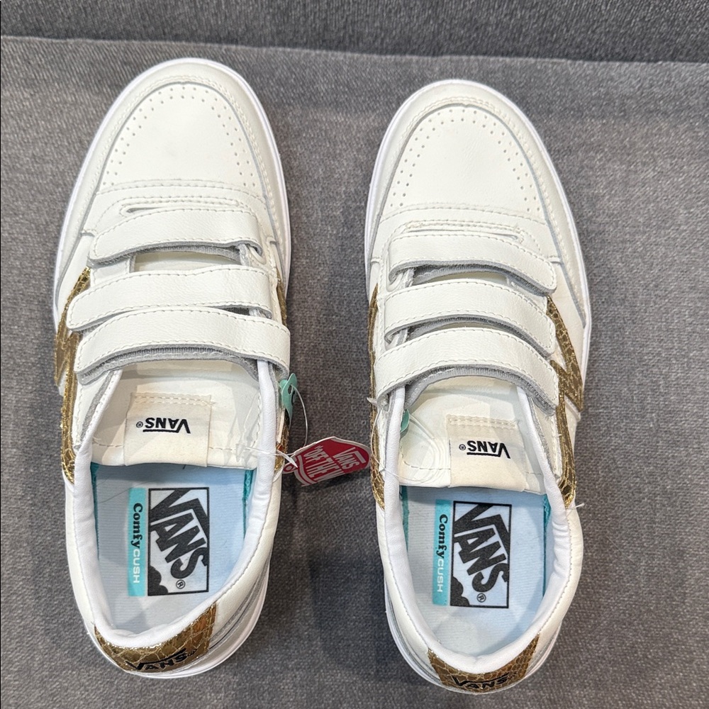 Vans White Sneakers with Gold Accents Velcro Straps